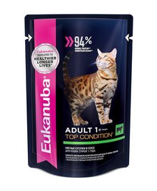Eukanuba Adult 1+ Top Condition мясные кусочки в соусе для кошек старше 1 года, говядина