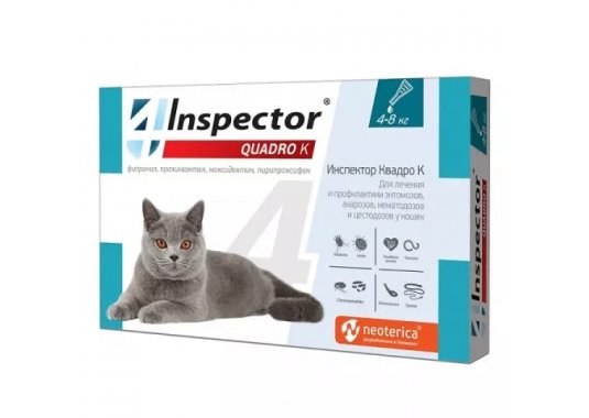 Инспектор Квадро К Капли на холку для кошек от 4 до 8 кг от блох, клещей и гельминтов - фото
